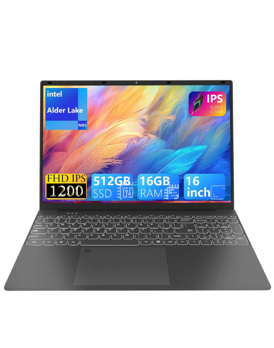 16 Inch 1980x1200 IPS FHD Laptop Computer, 16GB DDR4 RAM 512GB SSD, Intel Quad-Core Alder Lake N 95, Intel UHD Graphics, Wi-Fi, Bluetooth, Backlit Keyboard, Fingerprint, Windows 11 Pro