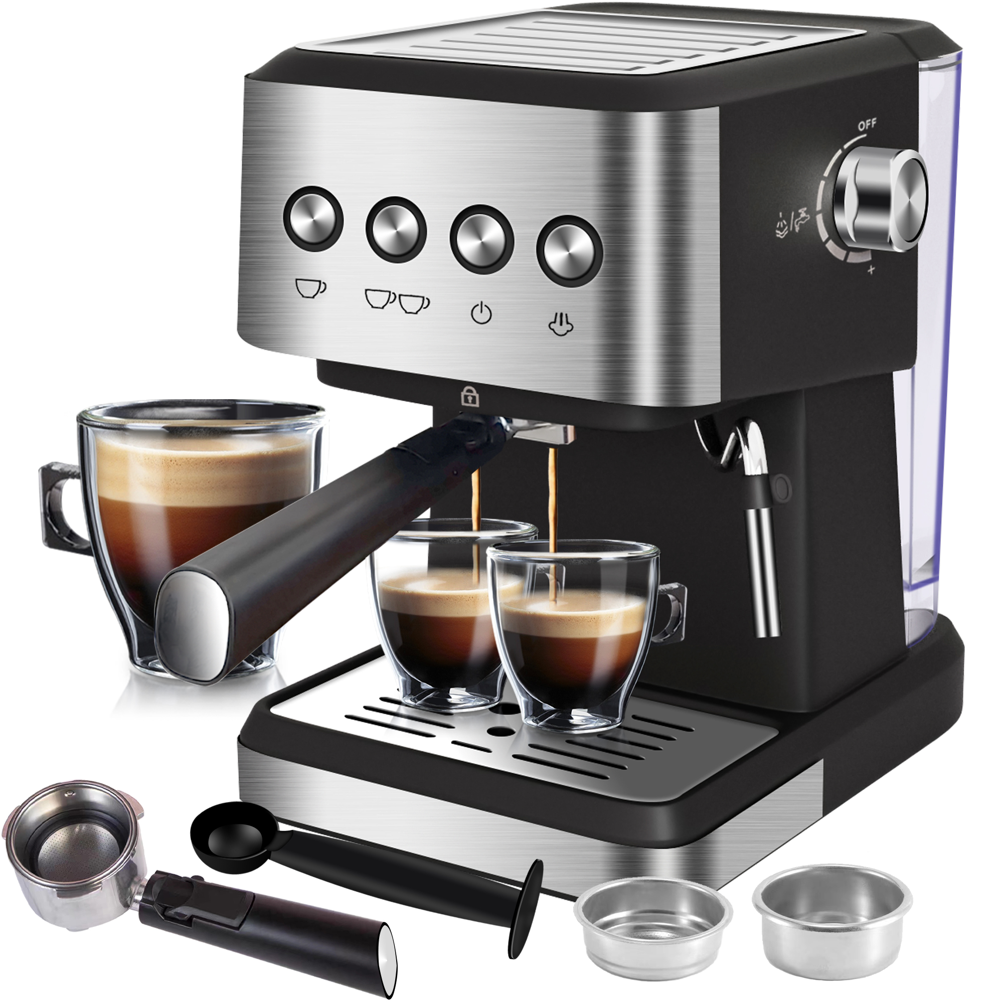 Espresso Machine 20 Bar, 1.5L Water Tank Pressure Gauge Milk Frother Steam Coffee Maker, Silver