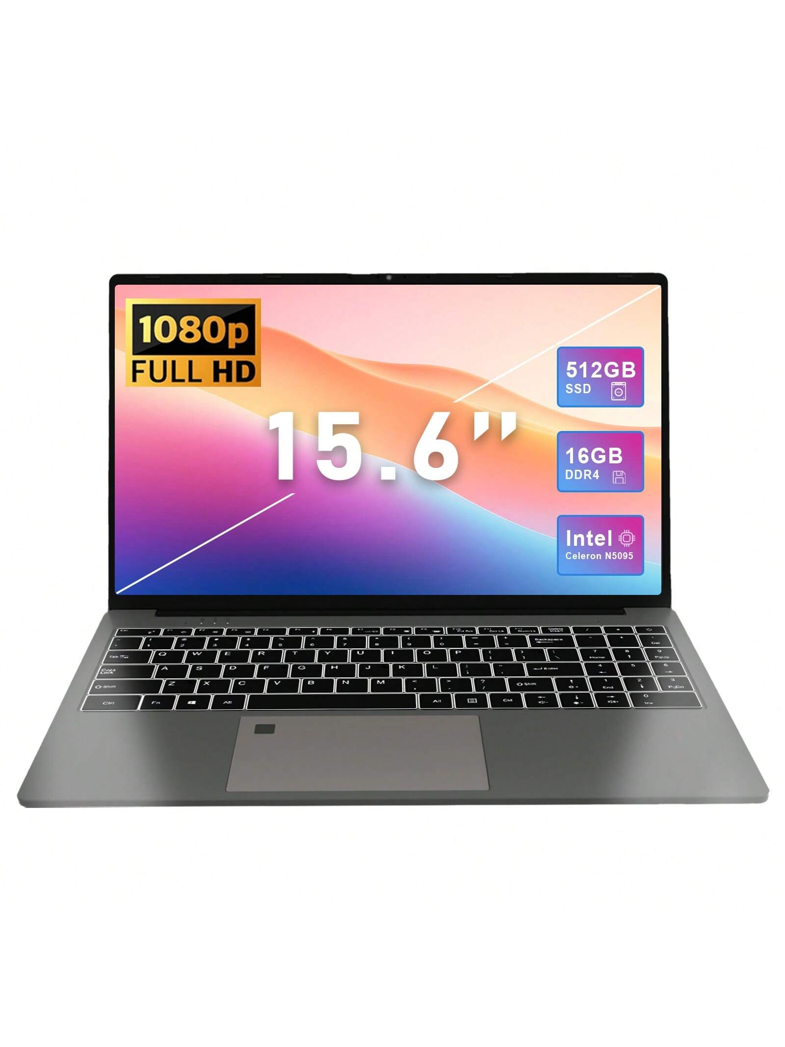 15.6 Inch 1920x1080 FHD Laptop Computer, 16GB DDR4 RAM 512GB SSD, Intel Quad-Core Celeron N5095, Intel UHD Graphics, Wi-Fi, Bluetooth, Backlit Keyboard, Fingerprint, Windows 11 Pro 