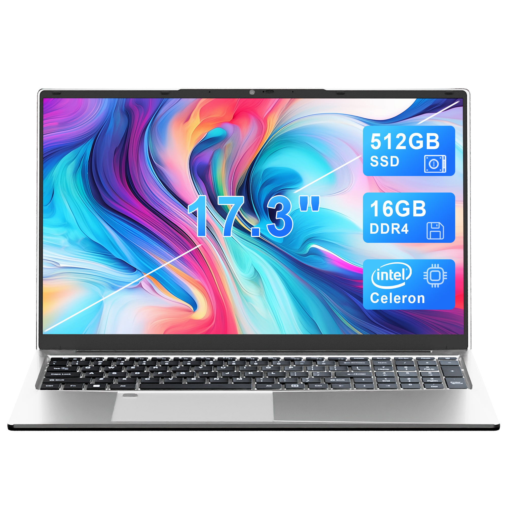 17.3" Windows 11 Pro Laptop 16GB RAM 512GB SSD With 4 Core Intel Celeron N5095, 1600x900 IPS Screen, FingerPrint, Backlit Keyboard
